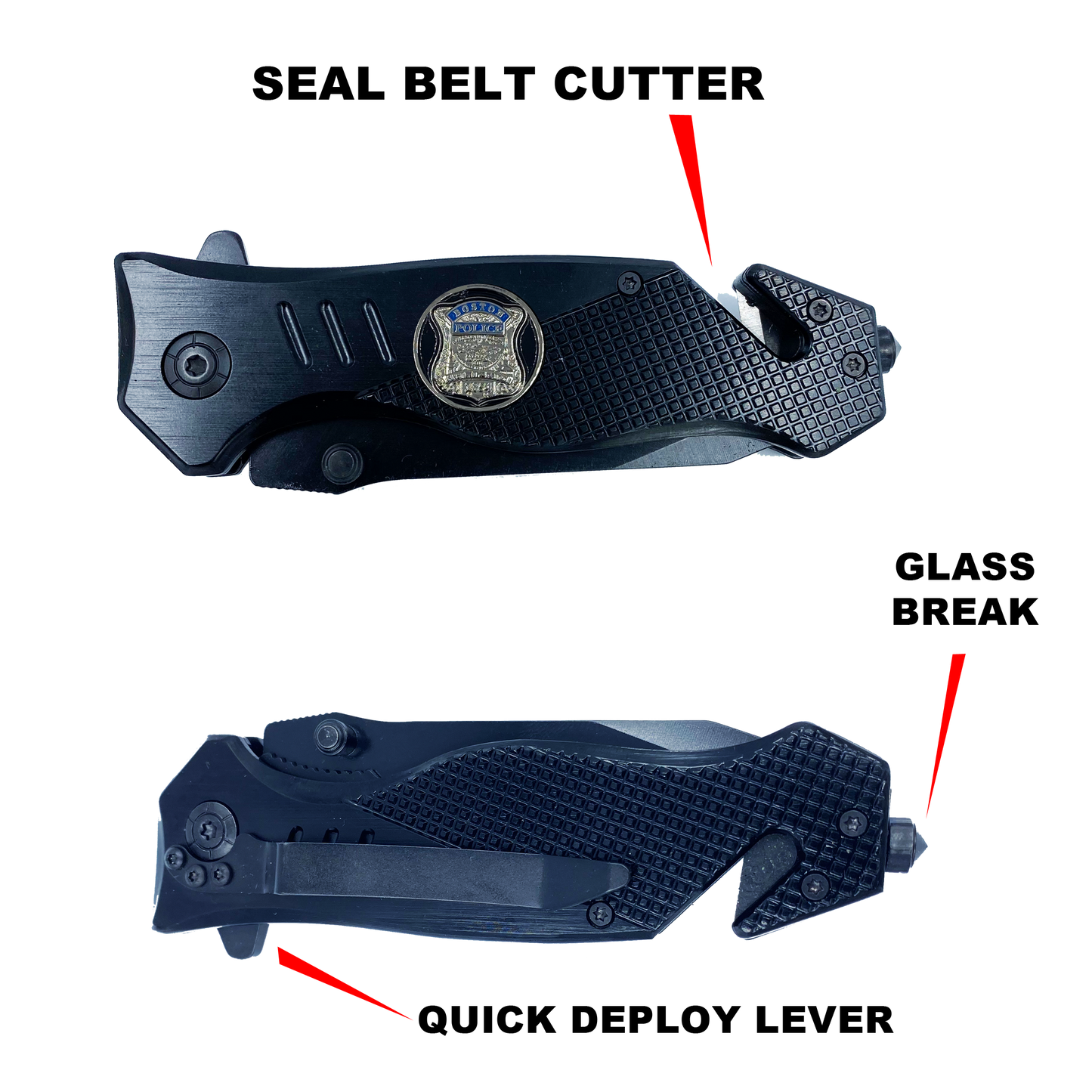 Boston Police collectible Officer 3-in-1 Police Tactical Rescue knife tool with Seatbelt Cutter, Steel Serrated Blade, Glass Breaker BPD
