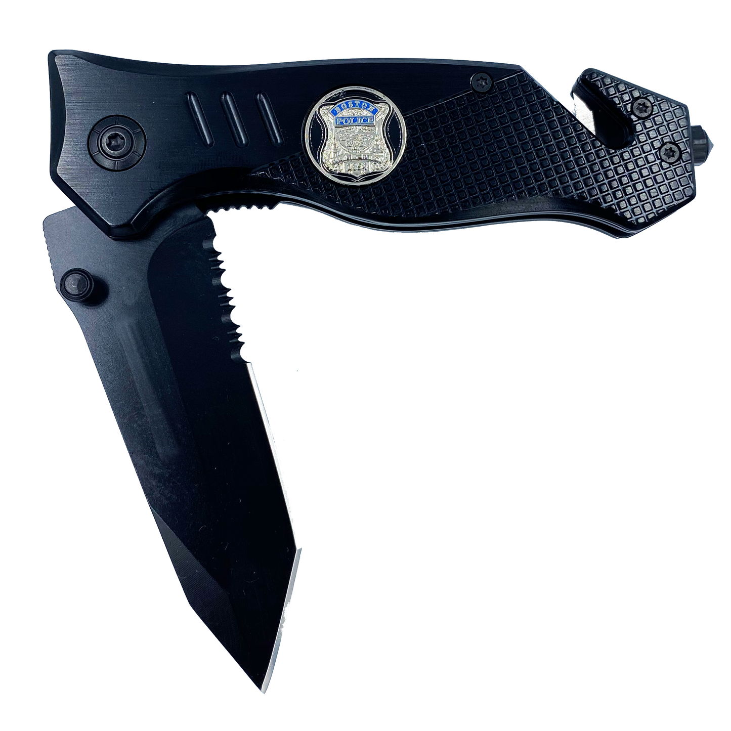 Boston Police collectible Officer 3-in-1 Police Tactical Rescue knife tool with Seatbelt Cutter, Steel Serrated Blade, Glass Breaker BPD