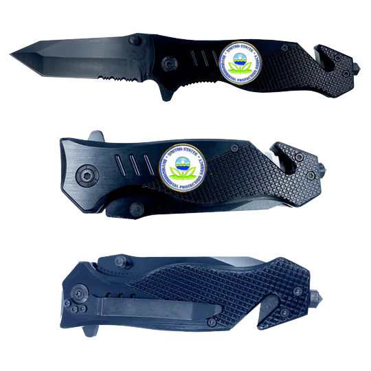 EPA Environmental Protection Agency collectible 3-in-1 Police Tactical Rescue knife tool with Seatbelt Cutter, Steel Serrated Blade, Glass Breaker