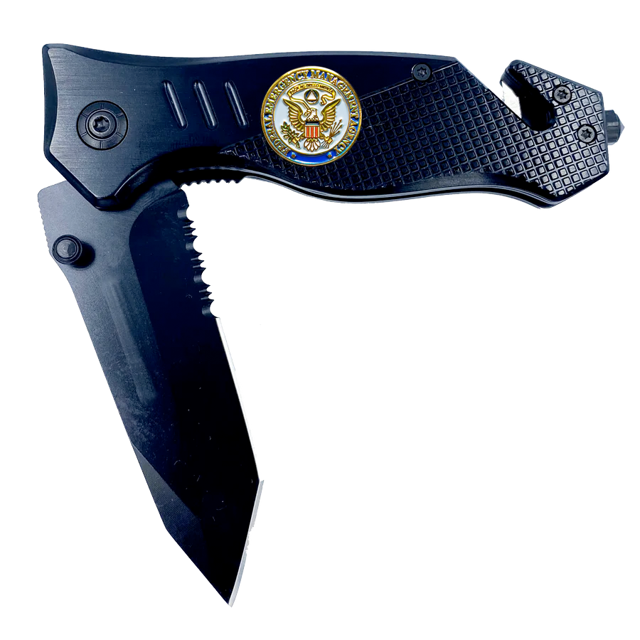 FEMA Federal Emergency Management Agency collectible 3-in-1 Police Tactical Rescue knife tool with Seatbelt Cutter, Steel Serrated Blade, Glass Breaker