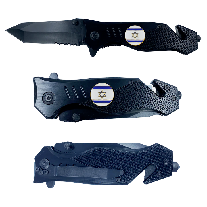Israeli Defense Forces IDF Israel Flag 3-in-1 Military Tactical Rescue knife tool with Seatbelt Cutter, Steel Serrated Blade, Glass Breaker