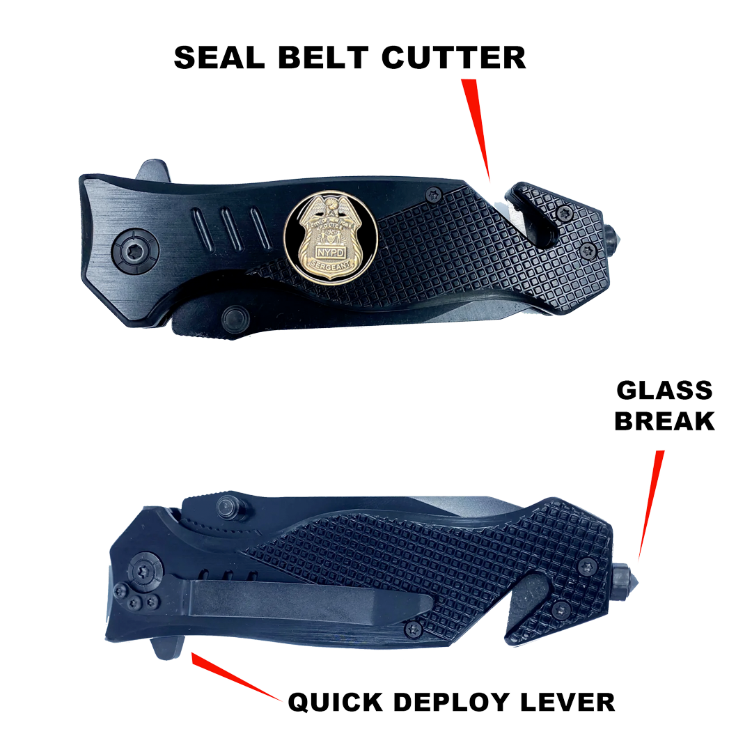 NYPD Sergeant Knife 3-in-1 Military Tactical Rescue knife tool with Seatbelt Cutter, Steel Serrated Blade, Glass Breaker