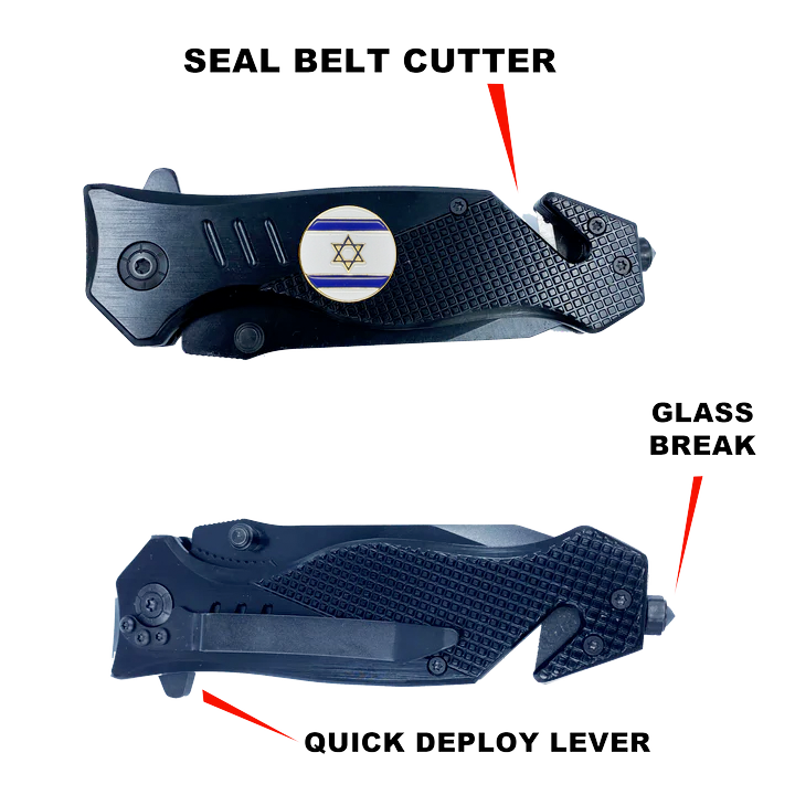 Israeli Defense Forces IDF Israel Flag 3-in-1 Military Tactical Rescue knife tool with Seatbelt Cutter, Steel Serrated Blade, Glass Breaker