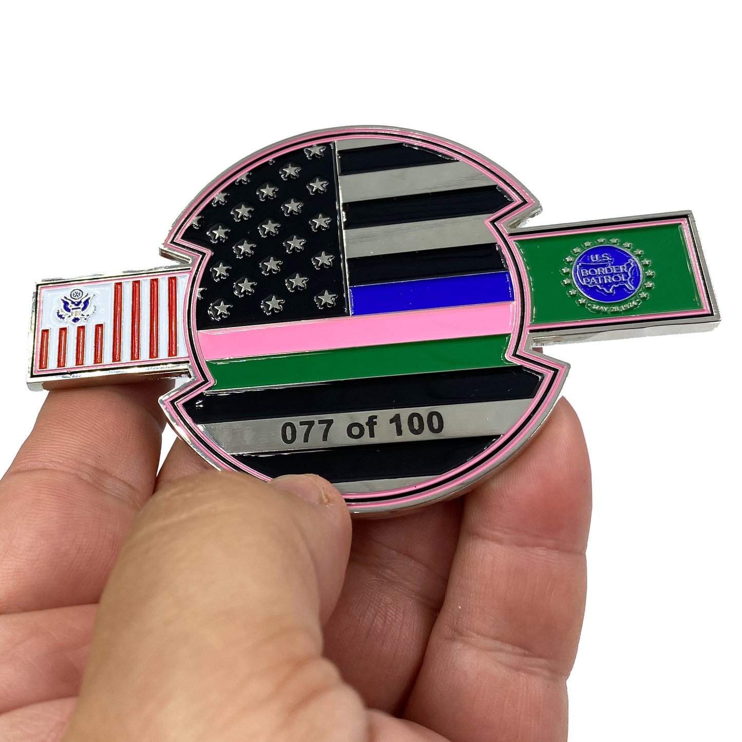 BT-001 Breast Cancer Awareness Month Challenge Coin Thin Pink Blue Green Line CBP Field Operations Border Patrol Flag BPA CBPO Ops