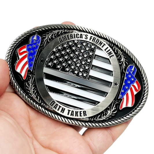 EL4-008 Correctional Officer Antique Nickel Thin Gray Line CO Police American Flag Corrections Belt Buckle America's Front Line Oath Taker