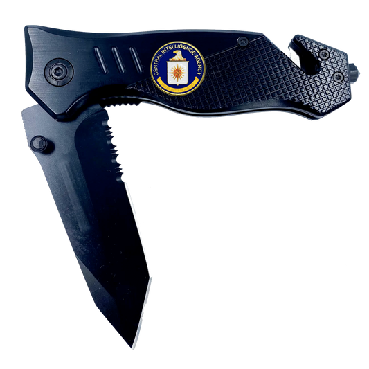 CIA Central Intelligence Agency 3-in-1 Tactical Rescue knife tool with Seatbelt Cutter, Steel Serrated Blade, Glass
