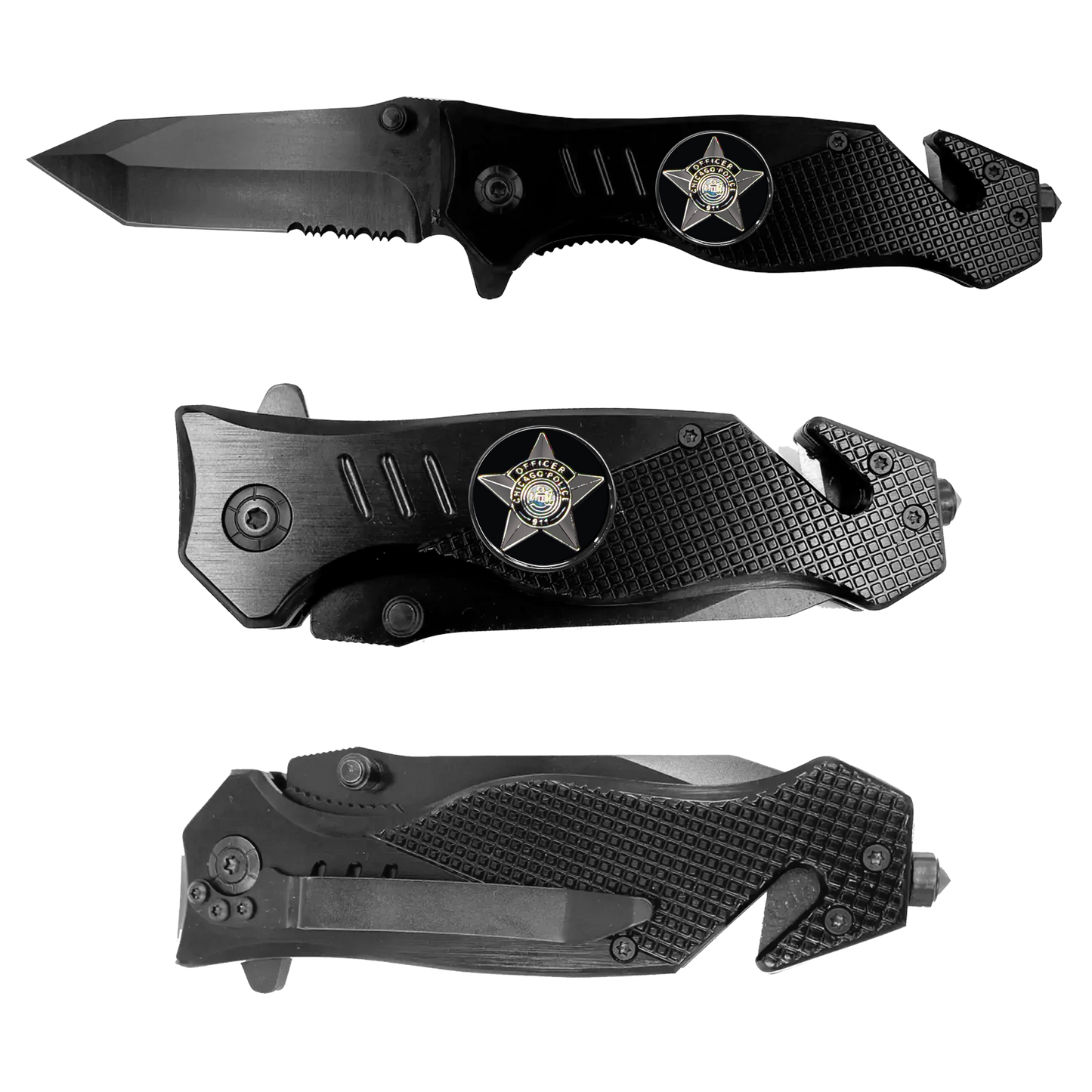 Chicago Police Department CPD 3-in-1 Tactical Rescue knife tool with Seatbelt Cutter, Steel Serrated Blade, Glass breaker