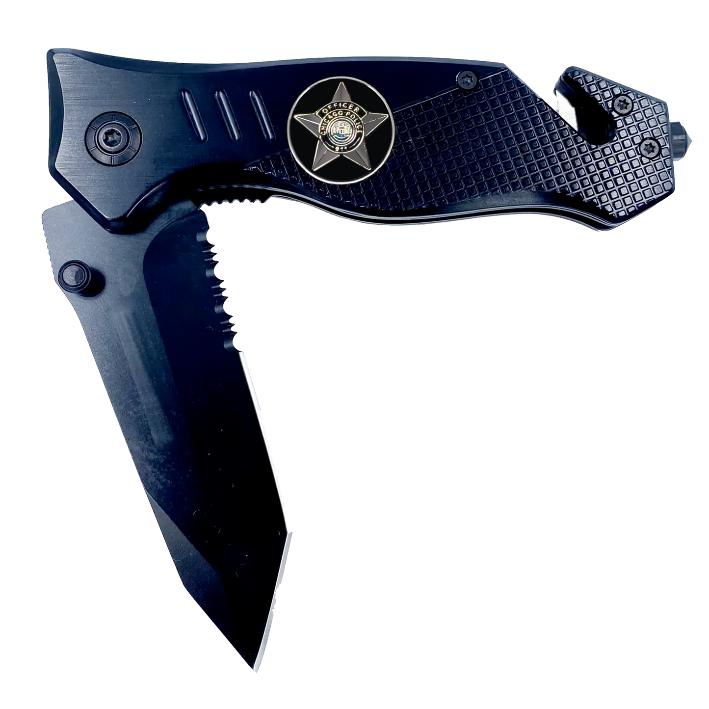Chicago Police Department CPD 3-in-1 Tactical Rescue knife tool with Seatbelt Cutter, Steel Serrated Blade, Glass breaker