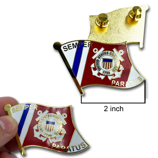 CC-011 Large cloisonné Coastie Seal Flag Lapel Pin with 2 pin posts and deluxe clasps, USCG Coast Guard SEMPER PARATUS