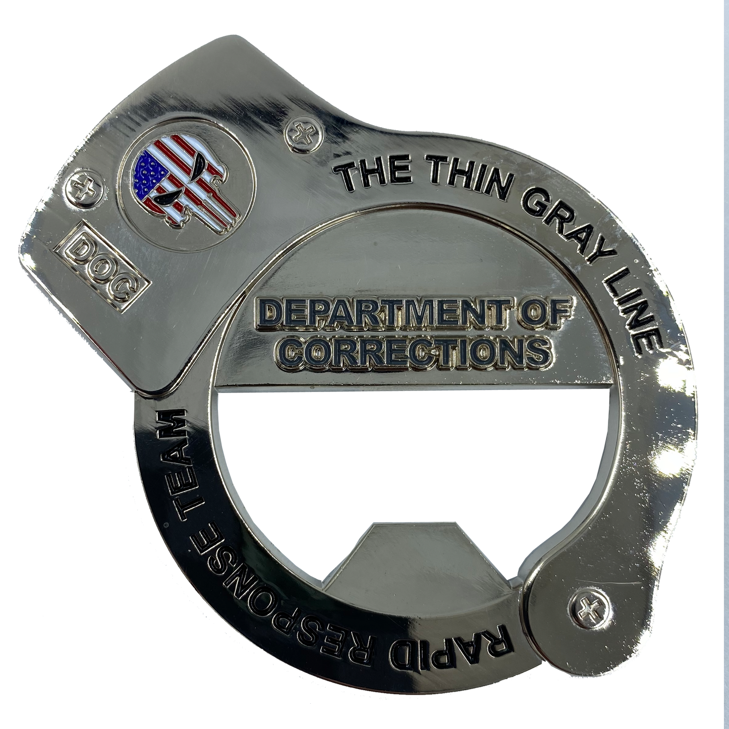 CL4-03 RRT Rapid Response Team Thin Gray Line HANDCUFFs Challenge Coin Bottle Opener Corrections Correctional Officer