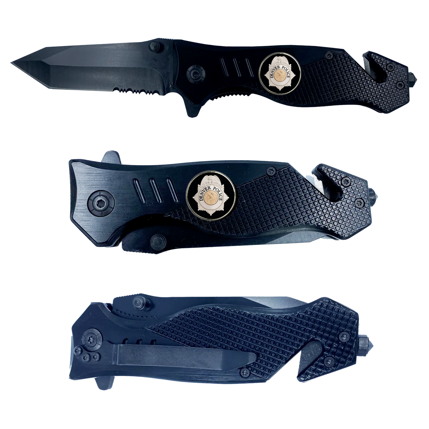 Denver Colorado Police 3-in-1 Tactical Rescue knife tool with Seatbelt Cutter, Steel Serrated Blade, Glass