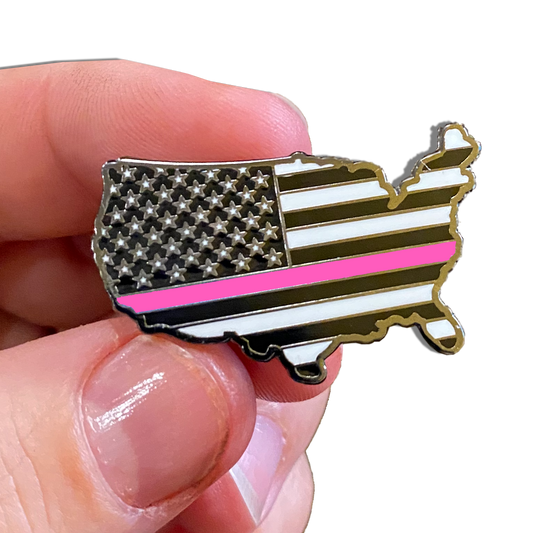 Thin Pink Line American Flag U.S. Map Pin with 2 pin posts and deluxe pin clasps Breast Cancer Awareness Police Military Uniform