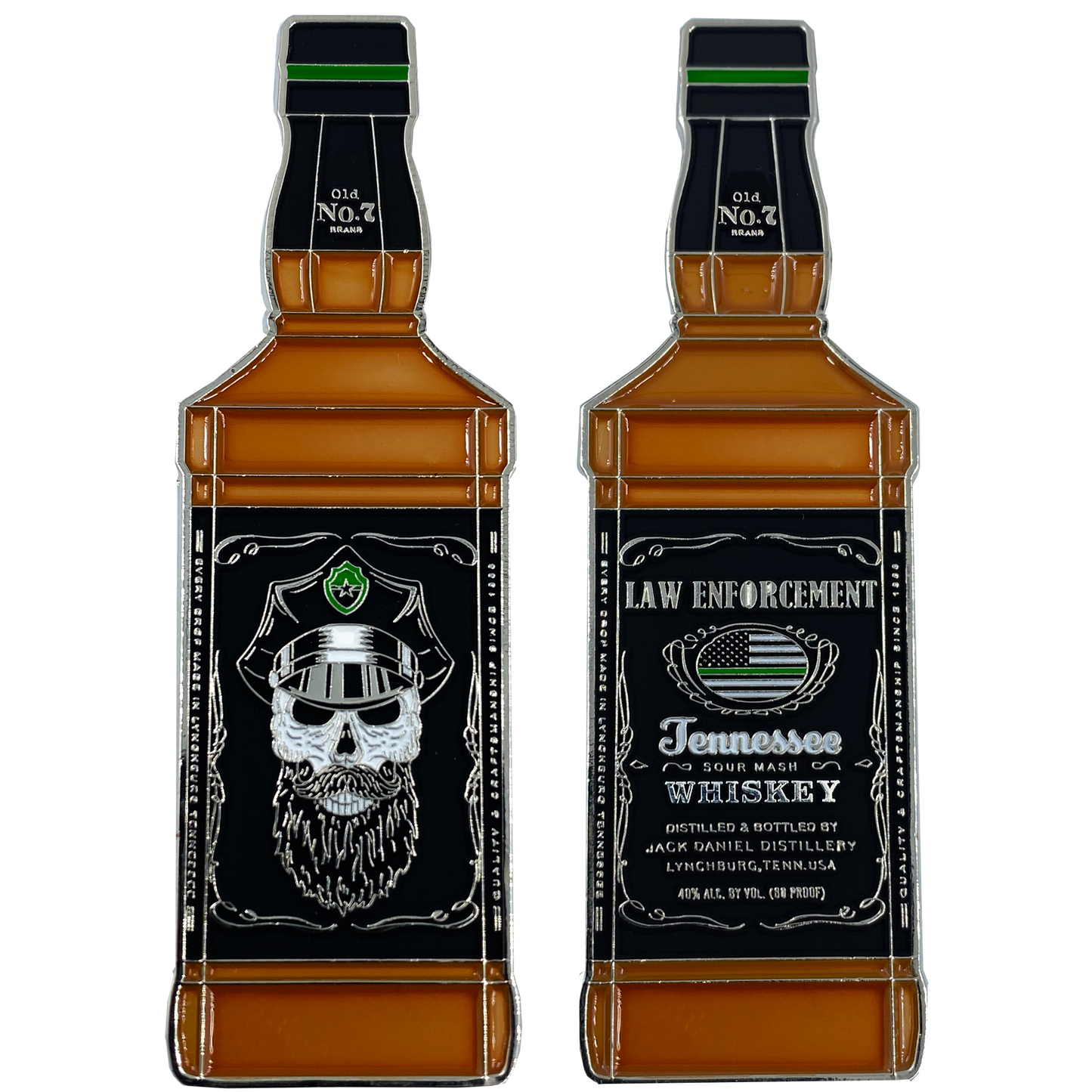 EE-014 Thin Green Line Jack Daniels inspired Police Challenge Coin CBP Border patrol Sheriff Army Marines Beard Gang Skull