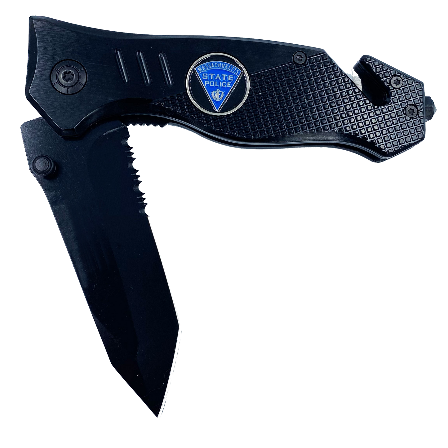 Massachusetts State Police Trooper collectible Officer 3-in-1 Police Tactical Rescue knife tool with Seatbelt Cutter, Steel Serrated Blade, Glass Breaker MSP