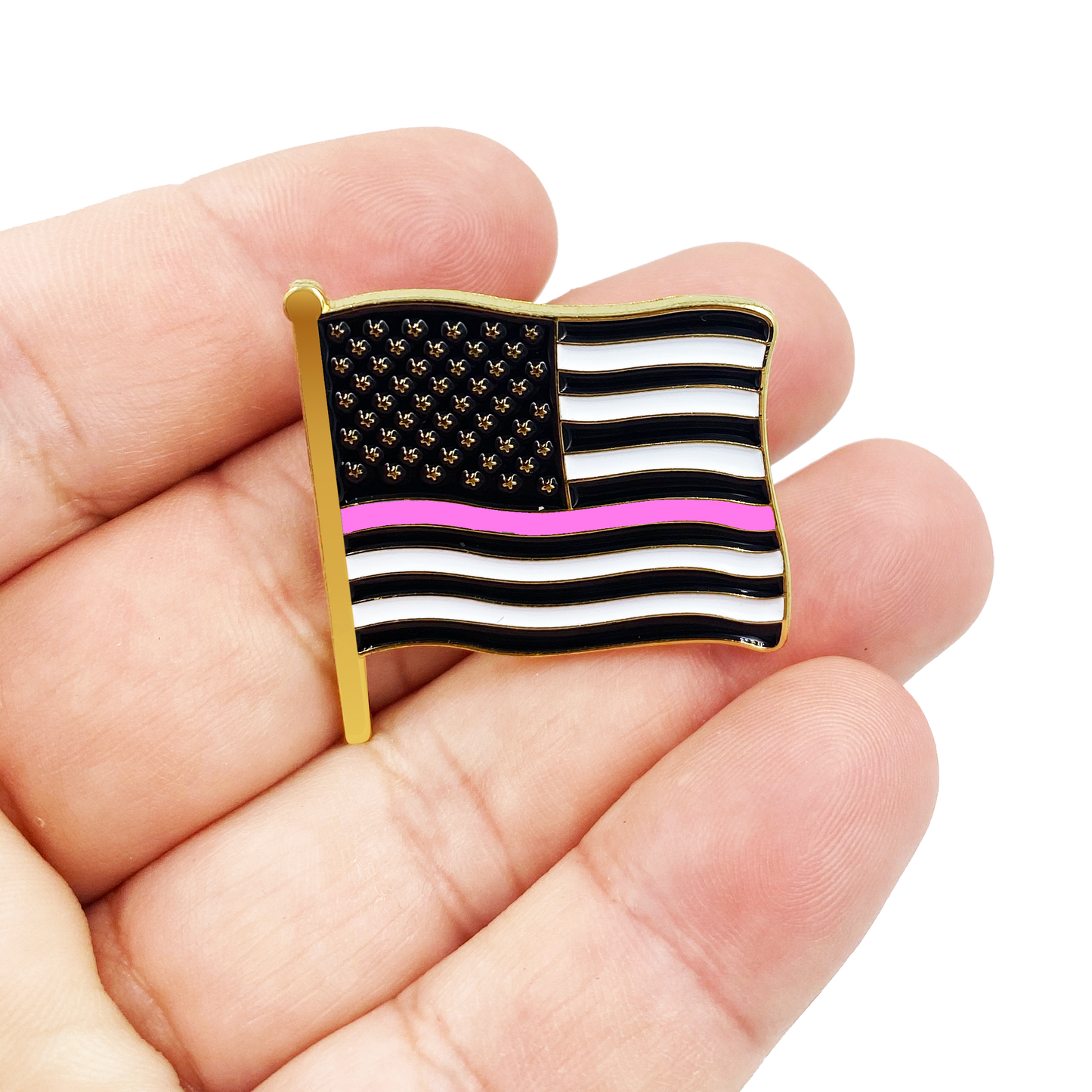 Thin Pink Line American Waving Flag Lapel Pin 1.25" with 2 pin posts and deluxe clasps, U.S. Stars are Stripes, Old Glory US USA Breast Cancer Awareness Uniform Police Fire Nurse