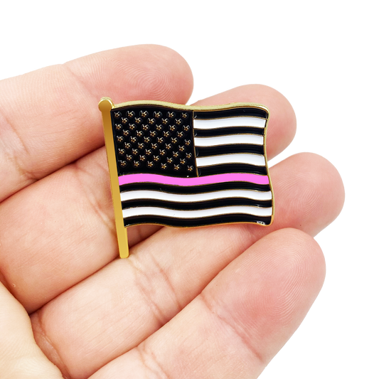 Thin Pink Line American Waving Flag Lapel Pin 1.25" with 2 pin posts and deluxe clasps, U.S. Stars are Stripes, Old Glory US USA Breast Cancer Awareness Uniform Police Fire Nurse
