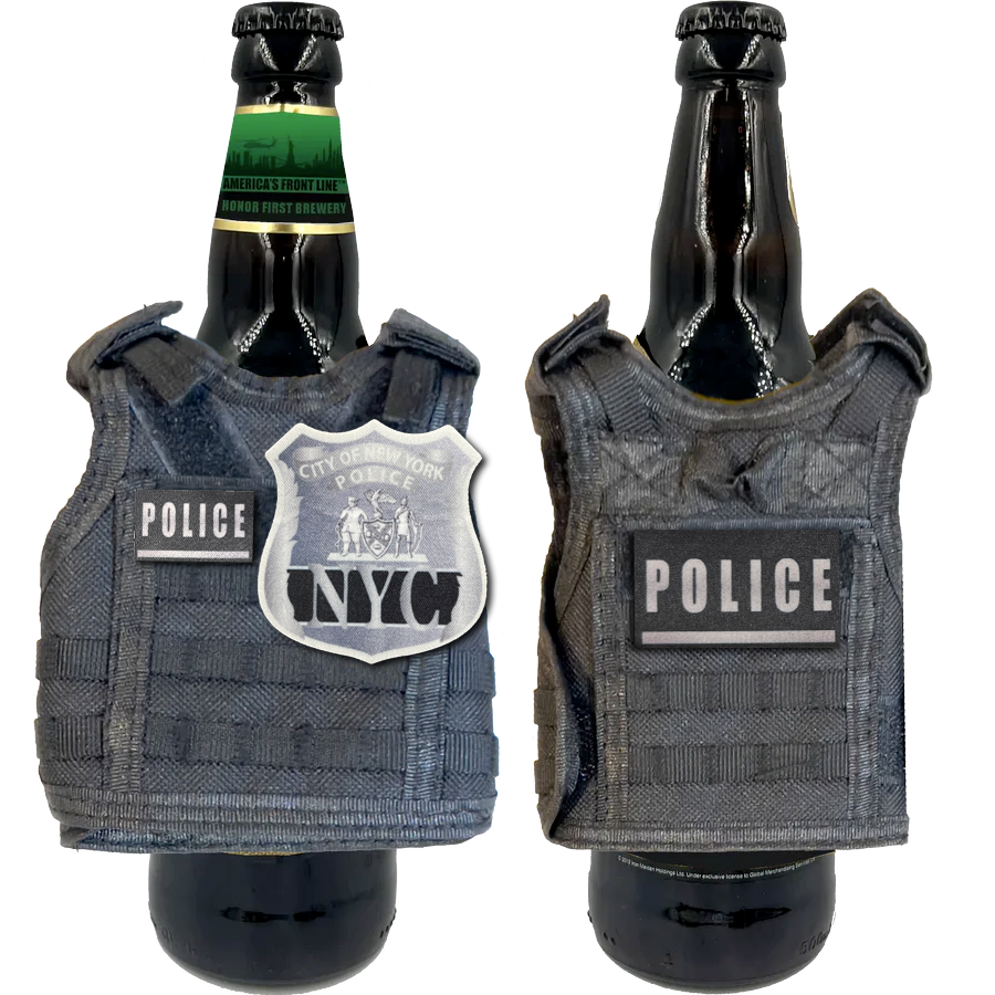 NYPD New York City Police Officer Tactical Beverage Bottle or Can Cooler Vest with removable patches perfect gift for Challenge Coin collectors