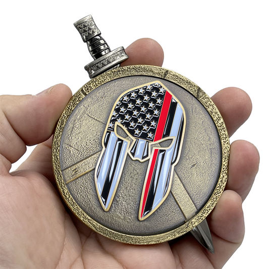 EL4-019 Fire Department Fire Fighter Warrior Gladiator Thin Red Line Shield with removable Sword Challenge Coin Set EMT Paramedic Emergency Services Rescue