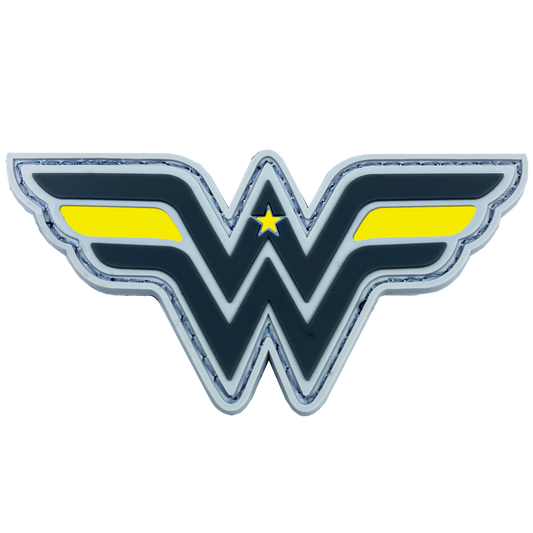 DL4-09 Wonder Woman inspired Women in Law Enforcement Thin Gold Line 911 Emergency Dispatcher Patch hook and loop back PVC yellow
