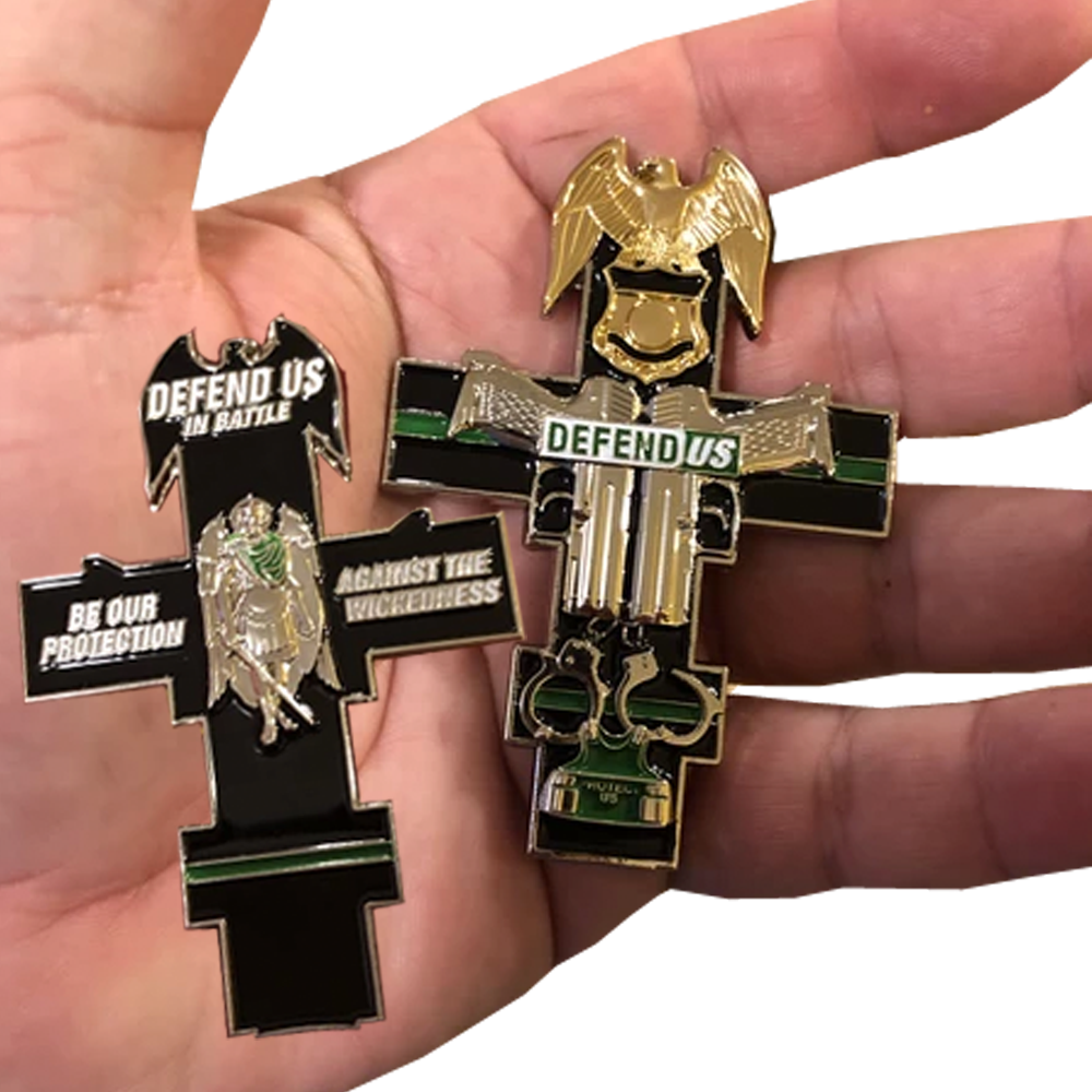GG-011 Thin Green Line St. Michael Cross Police Sheriff Border Patrol CBP Challenge Coin medallion