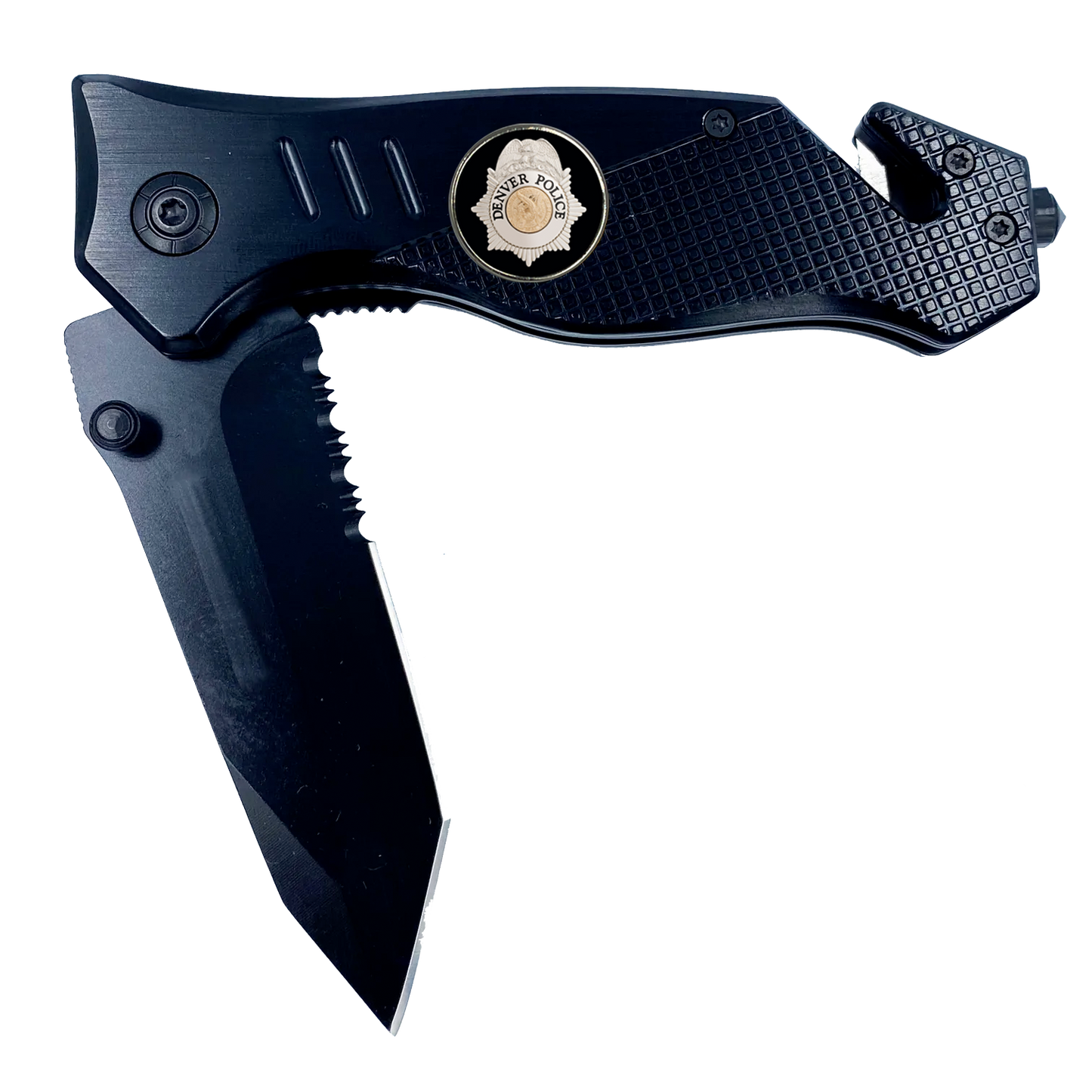 Denver Colorado Police 3-in-1 Tactical Rescue knife tool with Seatbelt Cutter, Steel Serrated Blade, Glass