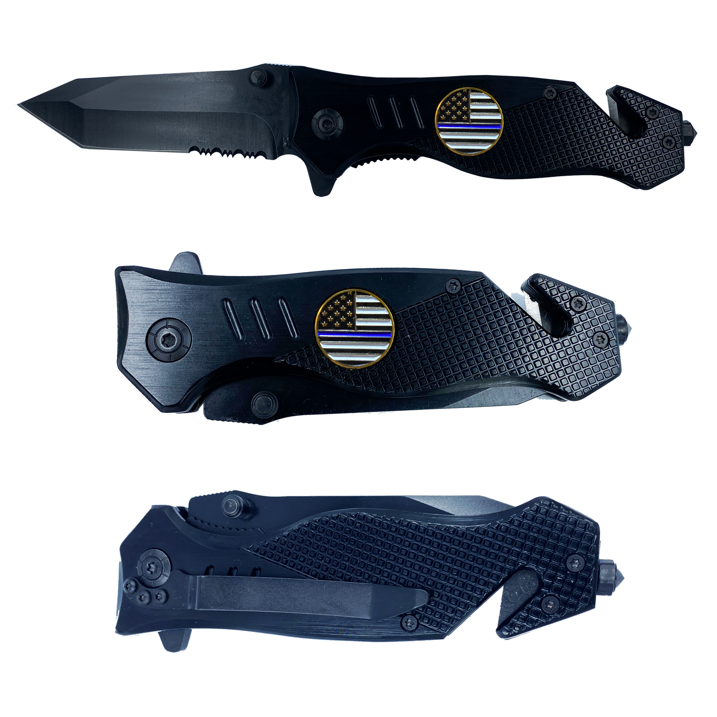 Thin Blue Line 3-in-1 Tactical Rescue knife tool for Police Officers with Seatbelt Cutter Steel Serrated Blade Glass Breaker Deputy Sheriff