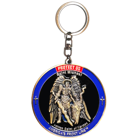H-014 Hero's Courage Keychain Prayer Police Military Saint Michael Challenge Coin Thin Blue Line Thin Green Line