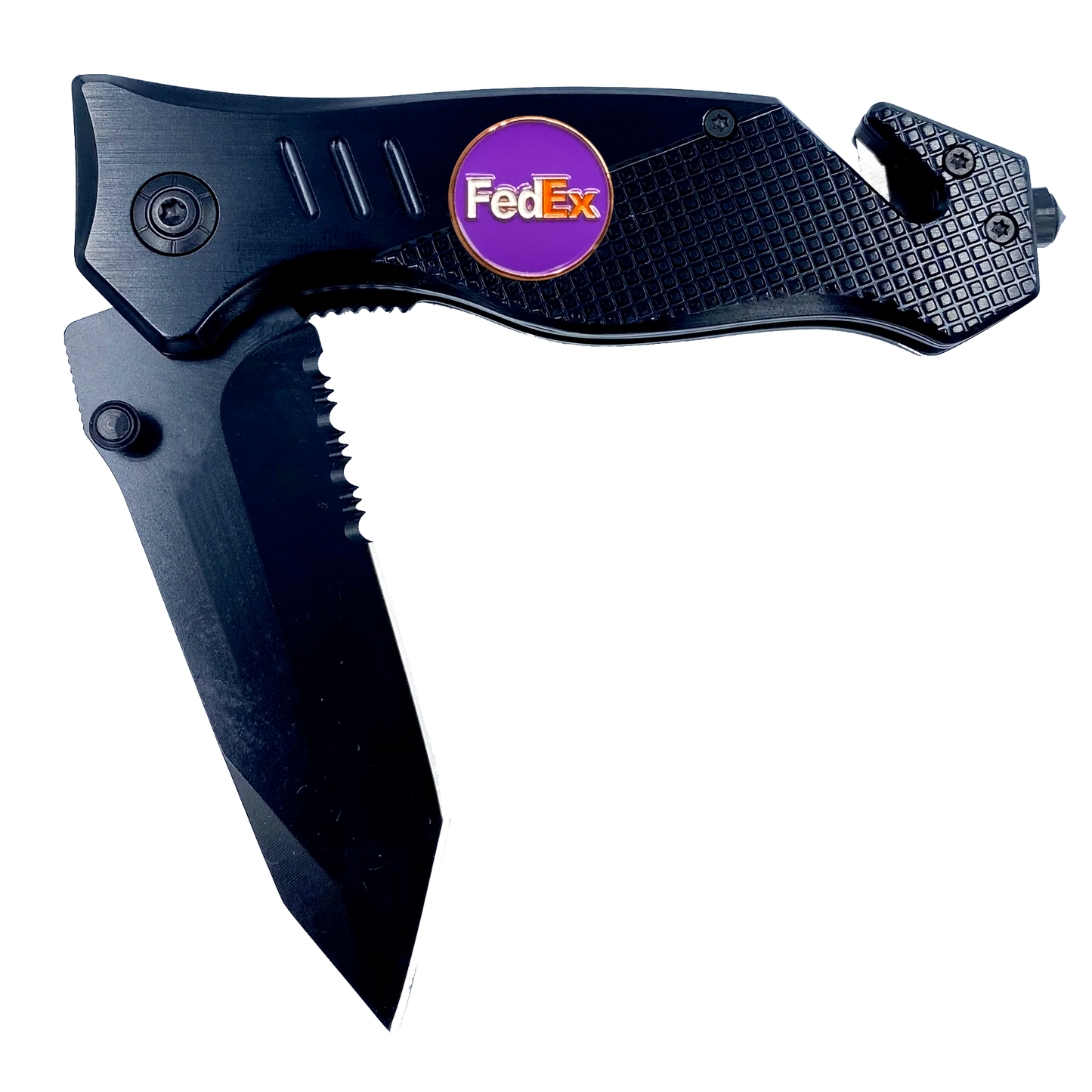 Box Opener Rescue Knife for Fedex Driver 3-in-1 tool with Seatbelt Cutter Steel Serrated Blade Glass Breaker