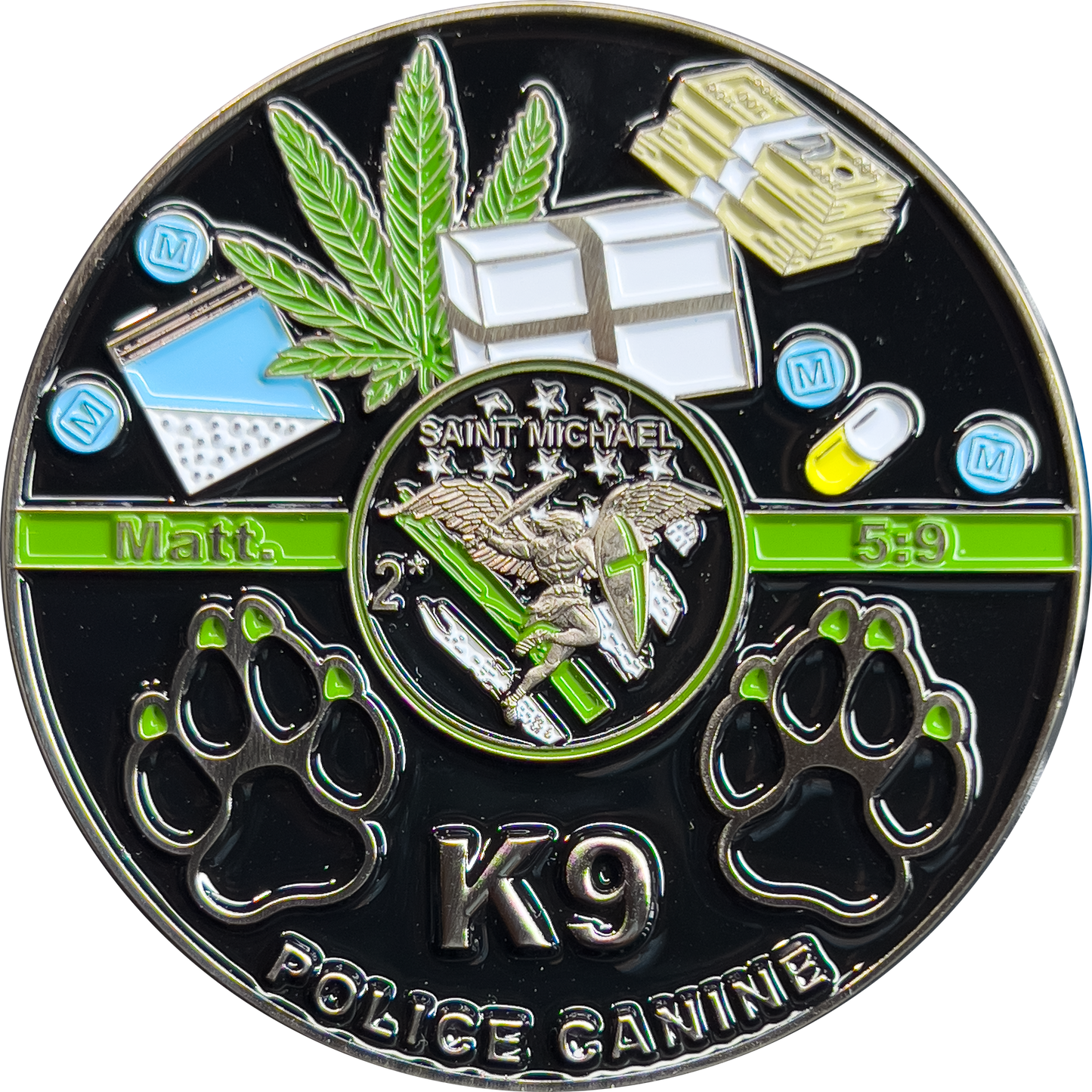 BL6-007 Border Patrol K9 Challenge Coin Canine Unit Saint Michael Thin Green Line Prayer Paw Prints