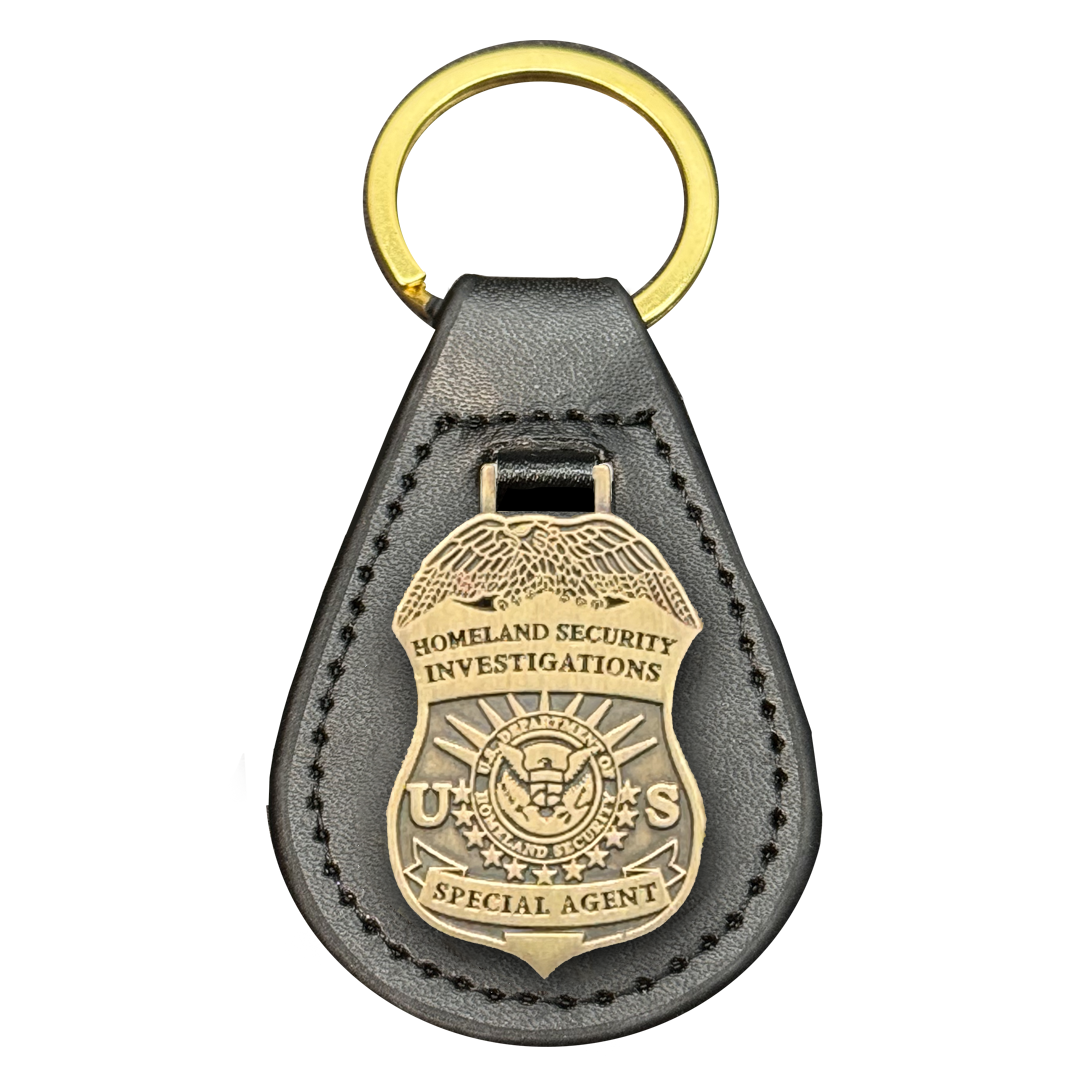 EL14-013 HSI Special Agent Investigations challenge coin leather keychain