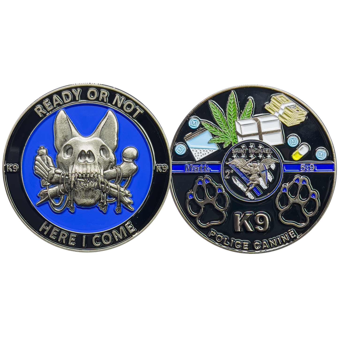 JJ-009 Police K9 Challenge Coin Canine Unit Saint Michael Thin Blue Line Prayer Paw Prints