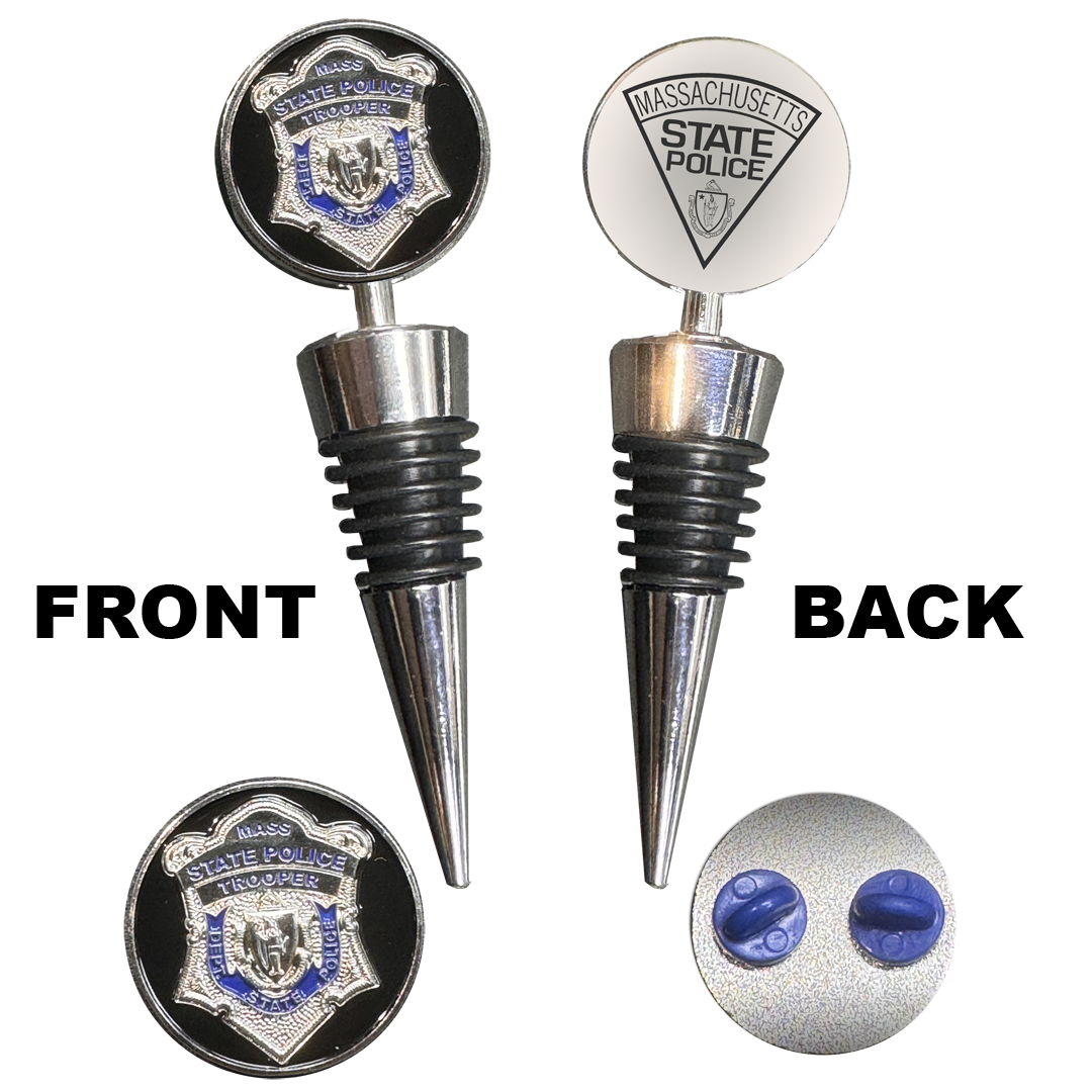 BL18-004 Massachusetts State Police Mass Trooper MSP Challenge Coin Wine Bottle Stopper with Lapel Pin
