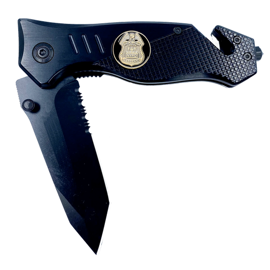 NYPD Sergeant Knife 3-in-1 Military Tactical Rescue tool with Seatbelt Cutter, Steel Serrated Blade, Glass Breaker