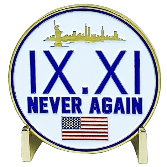 EL5-008 September 11th 9/11 Never Again Challenge Coin American Flag 911 New York City Skyline NYC USA