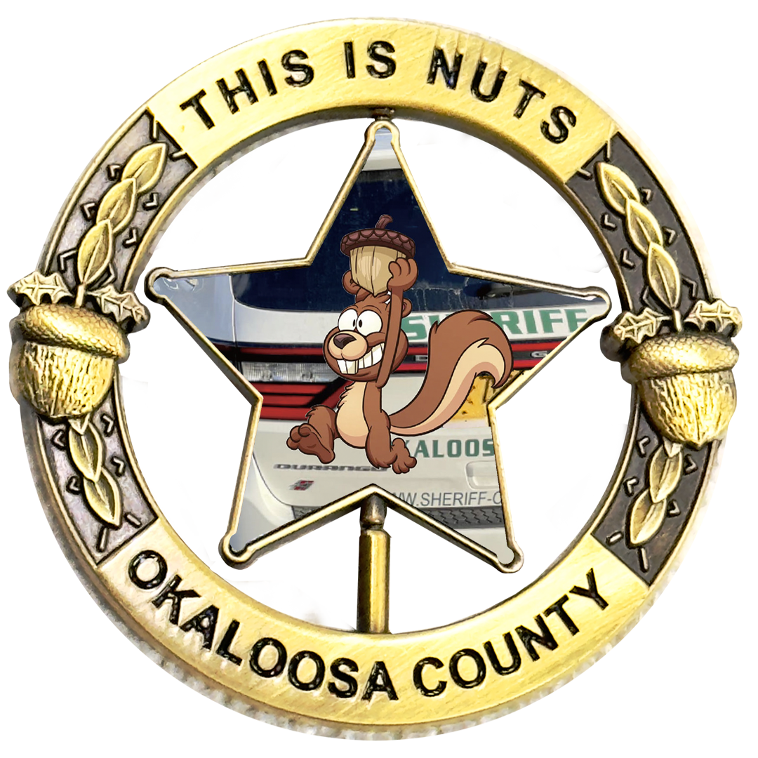 EL17-001 Okaloosa Deputy Sheriff Acorn Shots Fired Squirrel Spinner Challenge Coin