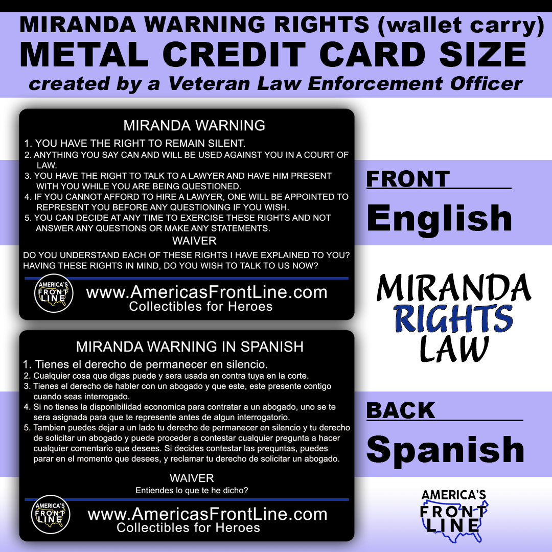 EL16-001 Black Metal Miranda Rights Warning Card English Spanish Police Gift