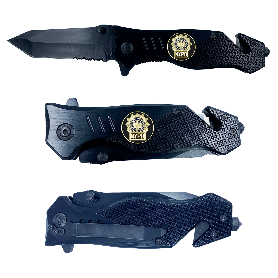 NYPD Detective Knife 3-in-1 Military Tactical Rescue tool knife with Seatbelt Cutter, Steel Serrated Blade, Glass Breaker
