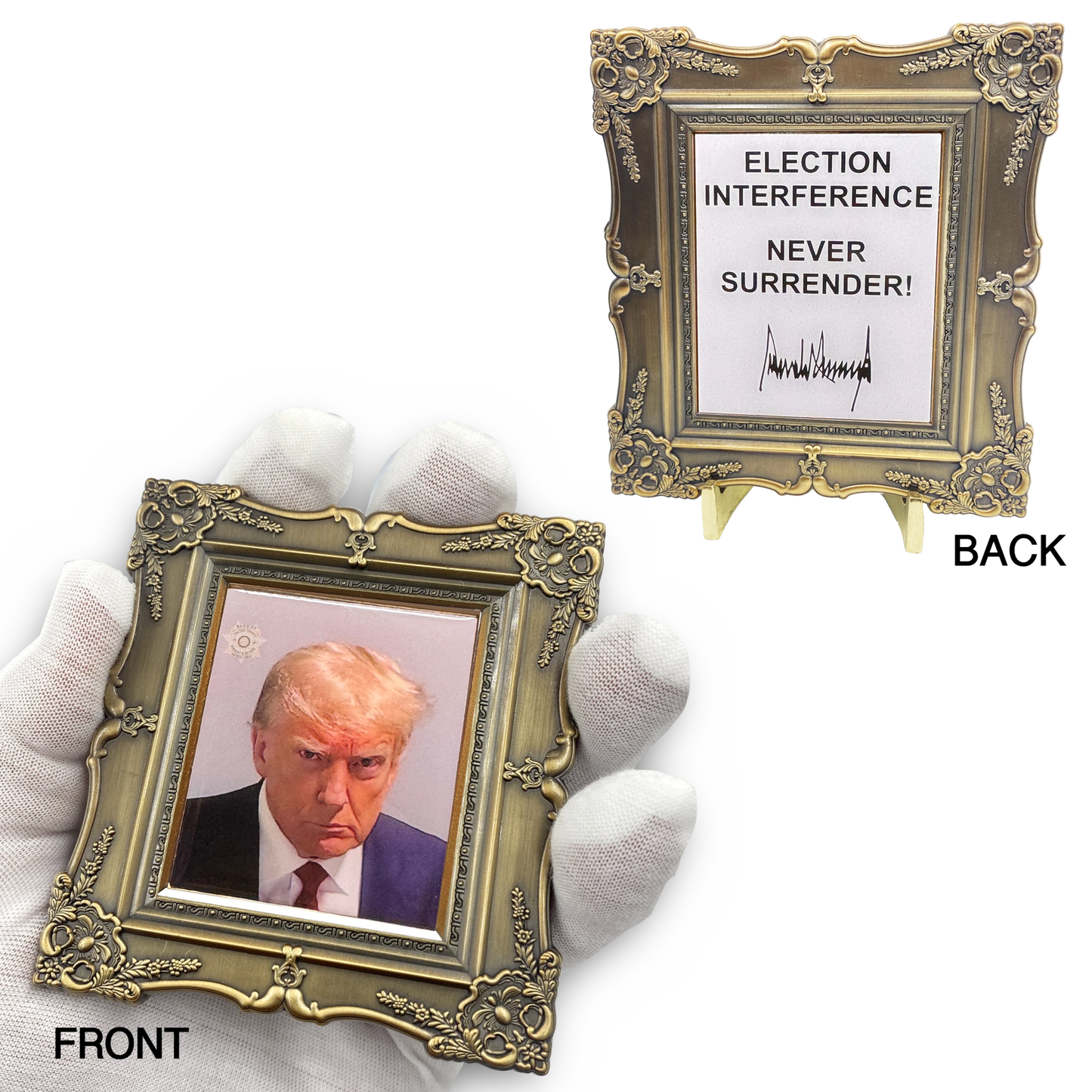 EL10-002 Large President Donald J. Trump Mugshot photo frame challenge coin MAGA No Surrender