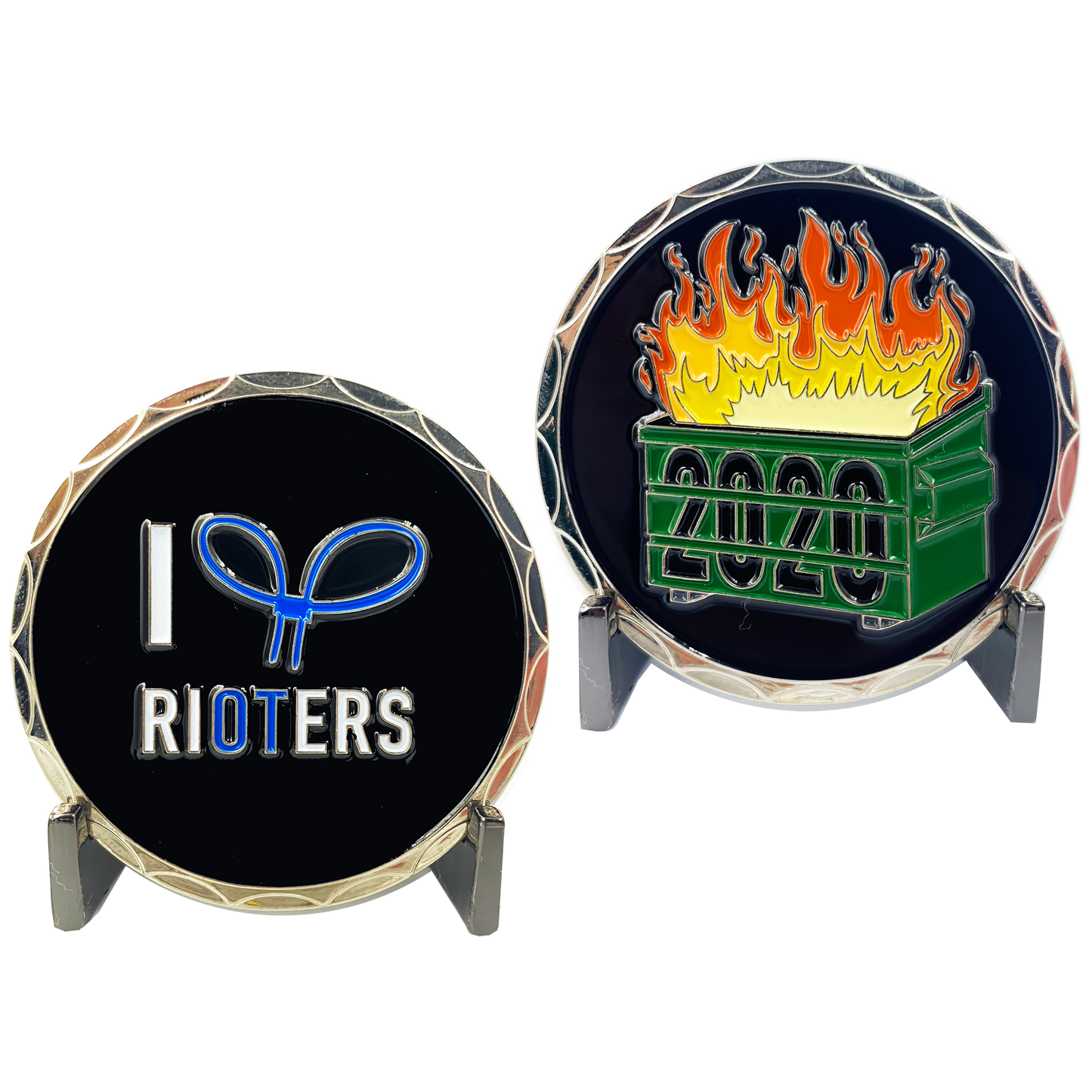 DL2-04 I Love Rioters 2020 Dumpster Fire Handcuff Zip Ties Police Thin Blue Line Overtime Challenge Coin