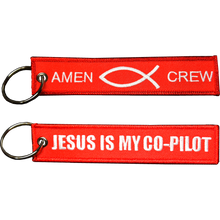 EL11-021 Jesus is my Co-Pilot Amen CREW Keychain or Luggage Tag or zipper pull Fish Spirit