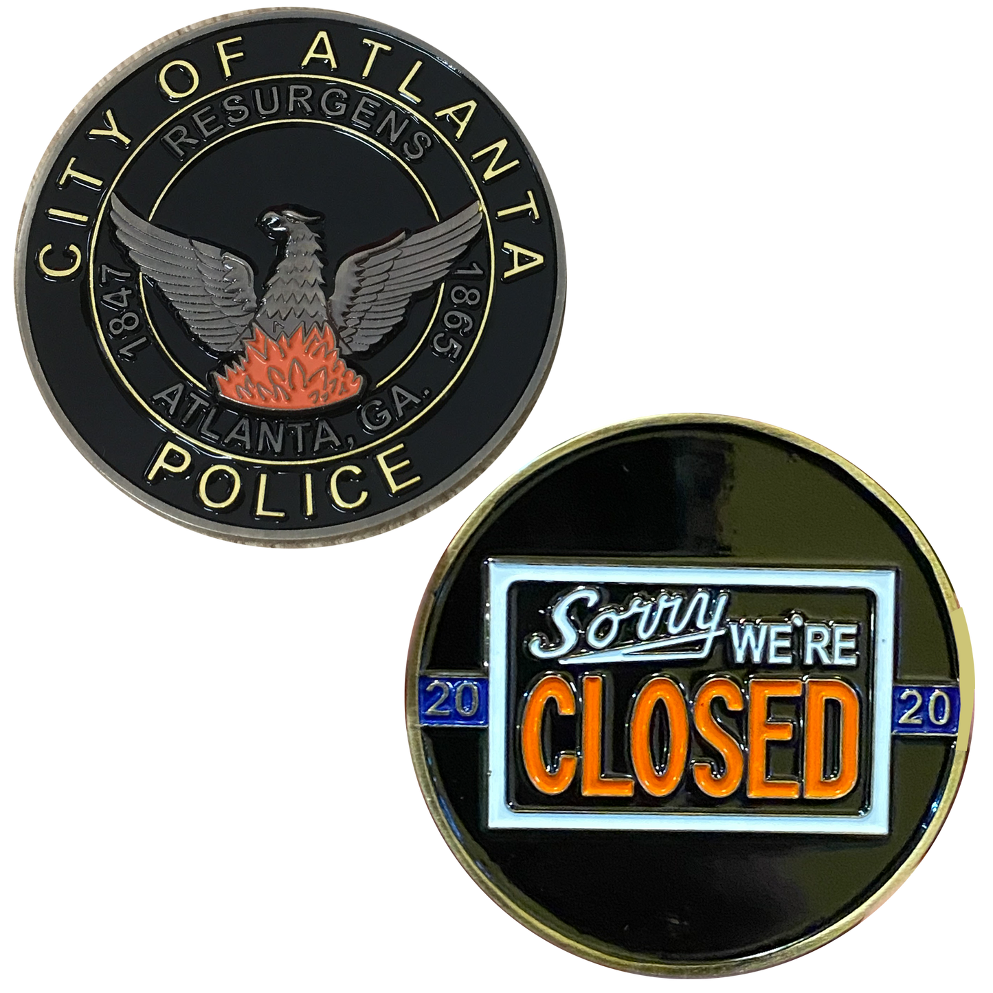 DL2-10 ATLANTA POLICE DEPARTMENT PD APD WALK OFF BLUE FLU CHALLENGE COIN SORRY WE’RE CLOSED