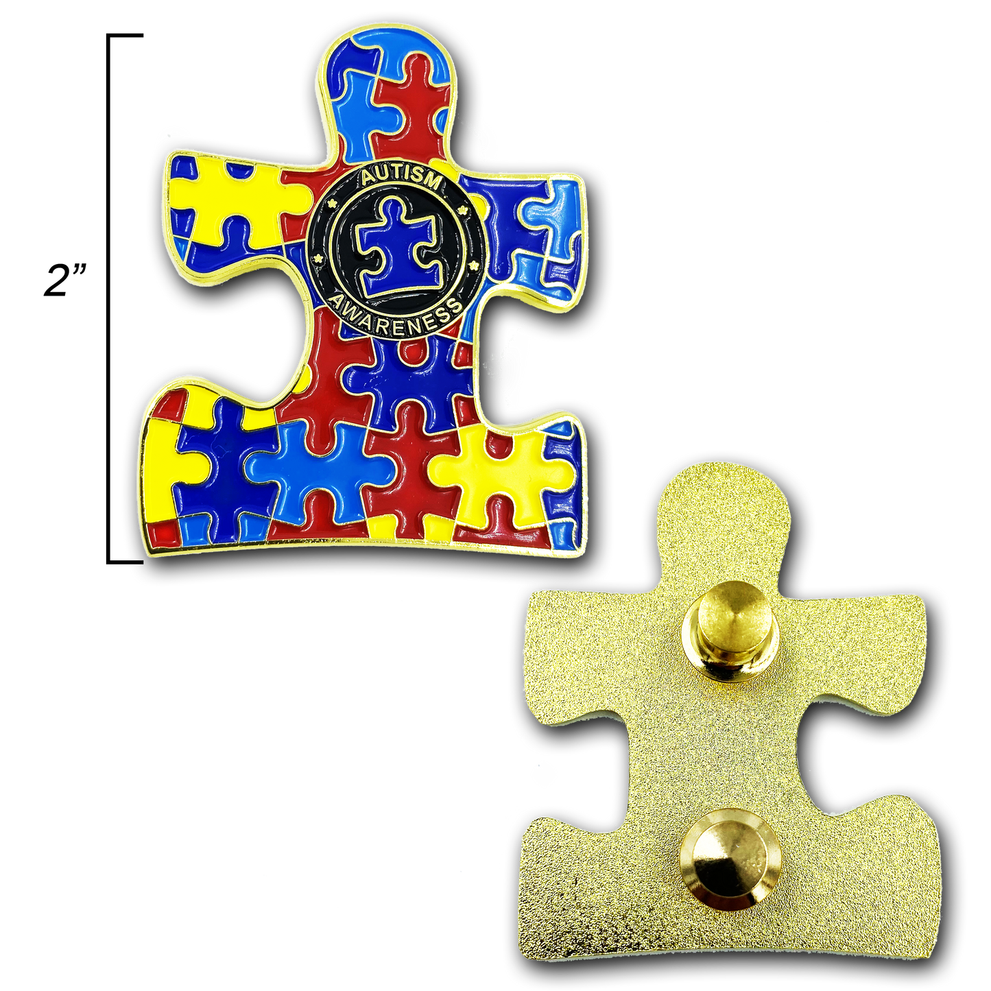 EE-019 Autism Puzzle Piece Pins with dual pin posts and deluxe pin clasps (2 inch)