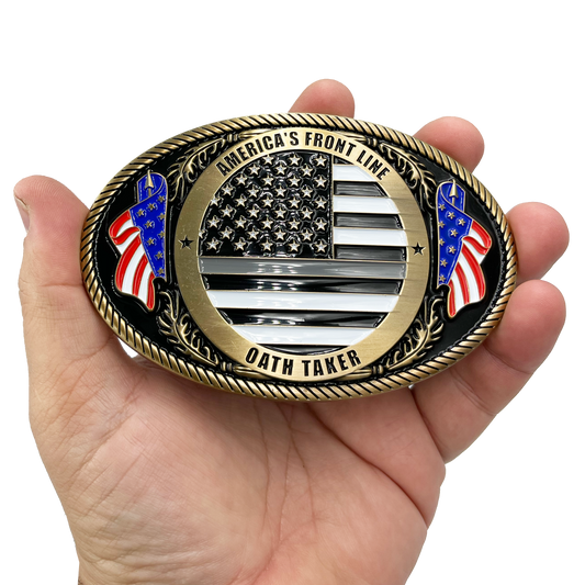 EL4-007 Correctional Officer Antique Gold Thin Gray Line CO Police American Flag Corrections Belt Buckle America's Front Line Oath Taker