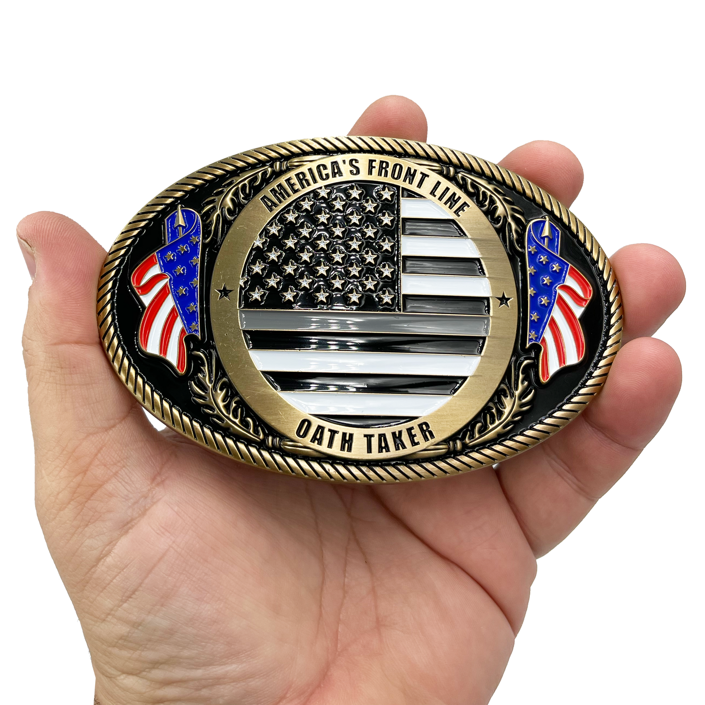 EL4-007 Correctional Officer Antique Gold Thin Gray Line CO Police American Flag Corrections Belt Buckle America's Front Line Oath Taker