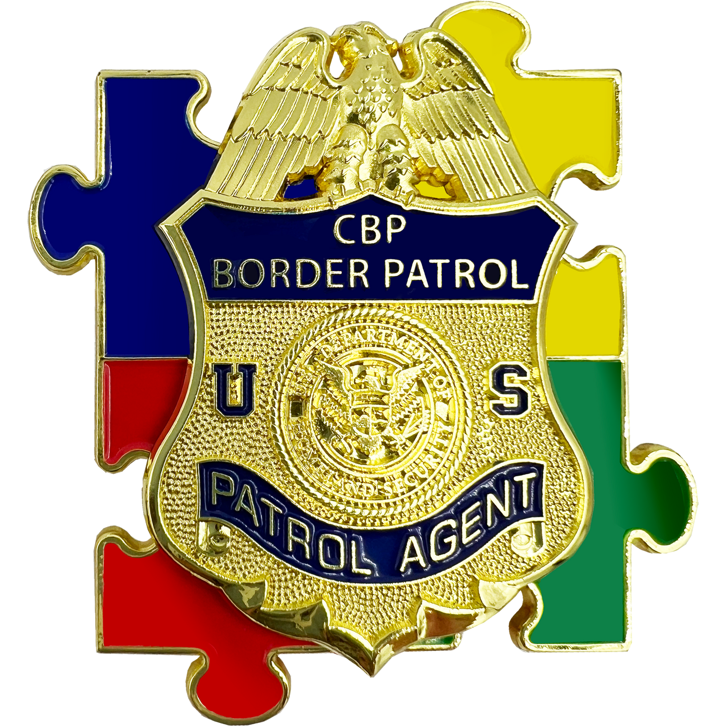 EL7-014 CBP Border Patrol Agent Autism Awareness Month lapel pin puzzle pieces display like a challenge coin