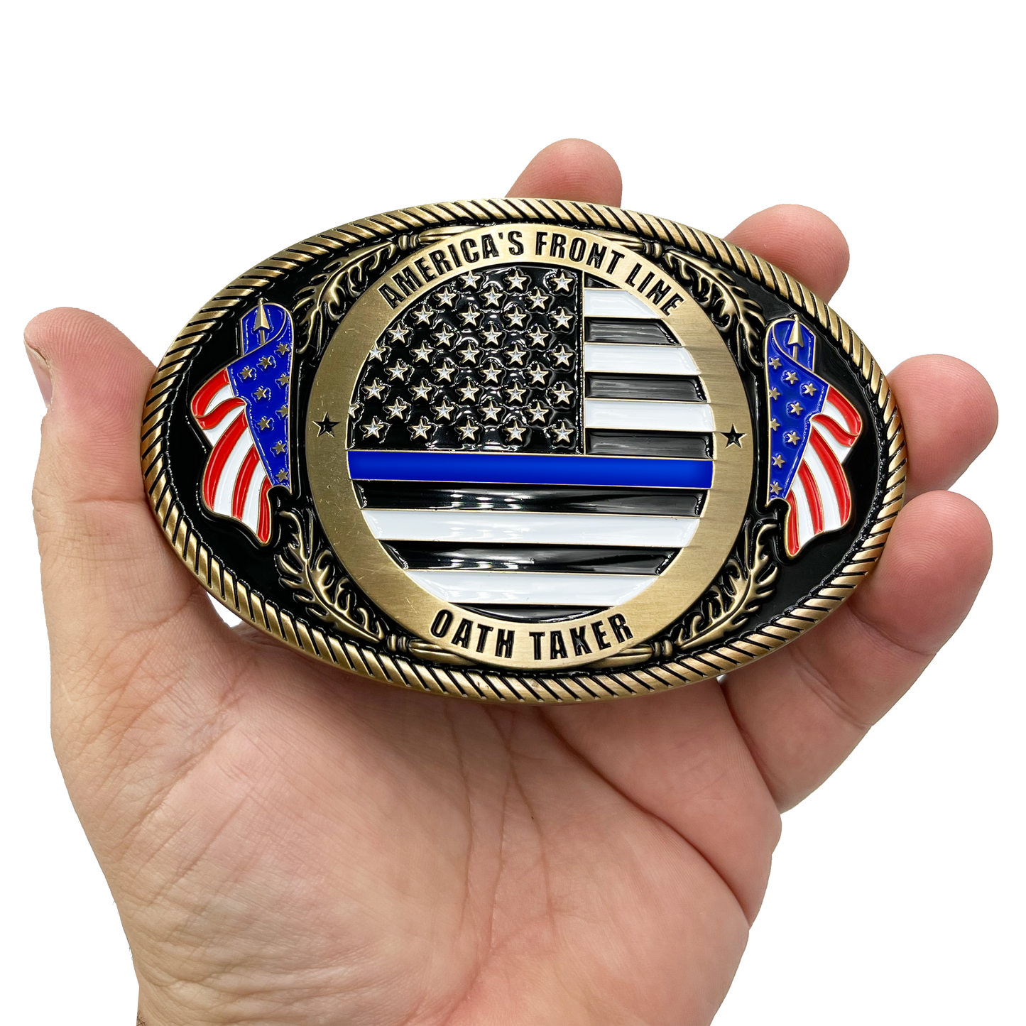 EL3-008 Police Officer Antique GOLD Thin Blue Line Police American Flag Belt Buckle America's Front Line Oath Taker