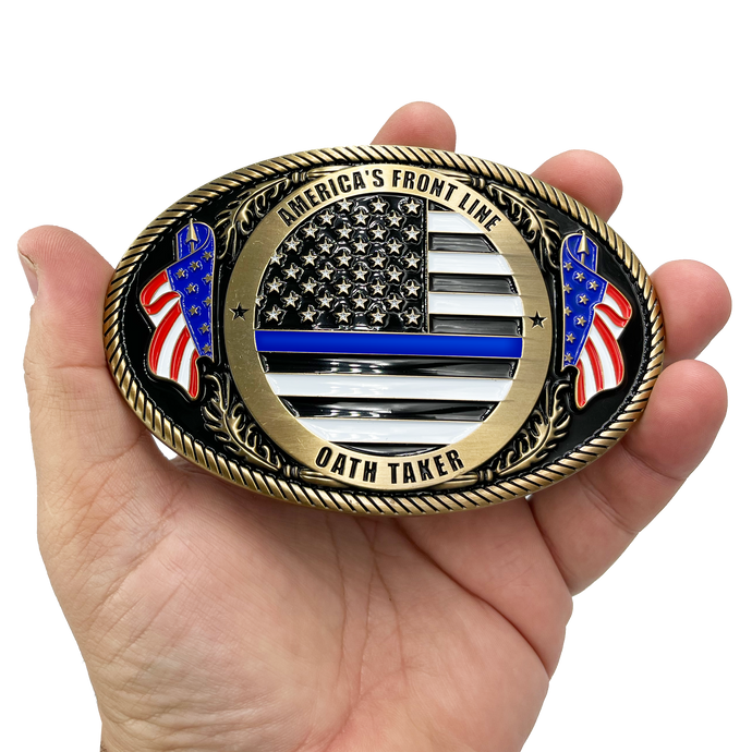 EL3-008 Police Officer Antique GOLD Thin Blue Line Police American Flag Belt Buckle America's Front Line Oath Taker