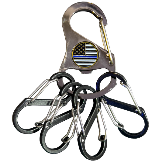Thin Blue Line Carabiner Keychain with 4 carabiner clips and bottle opener function NYPD LAPD ATF FBI CBP