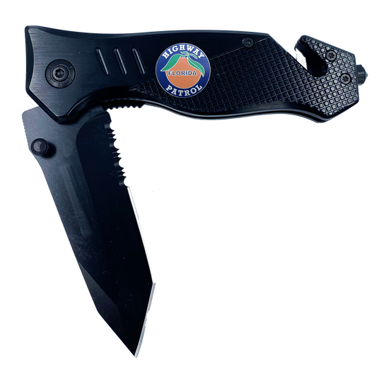 FHP collectible 3-in-1 Tactical Officer Rescue knife tool with Seatbelt Cutter, Steel Serrated Blade, Glass Breaker Florida Highway Patrol Police Trooper