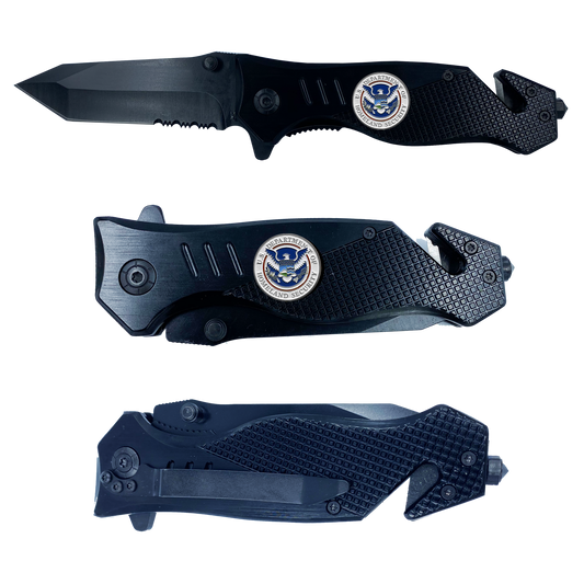 DHS collectible Officer 3-in-1 Police Tactical Rescue knife tool with Seatbelt Cutter, Steel Serrated Blade, Glass Breaker Homeland Security